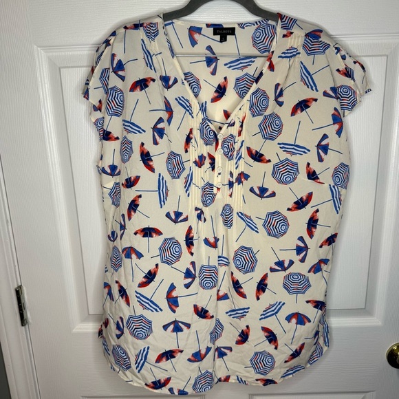 Talbots Blouse Beach Umbrella Print Lightweight Nautical Pleated Size Large GUC - Picture 1 of 6